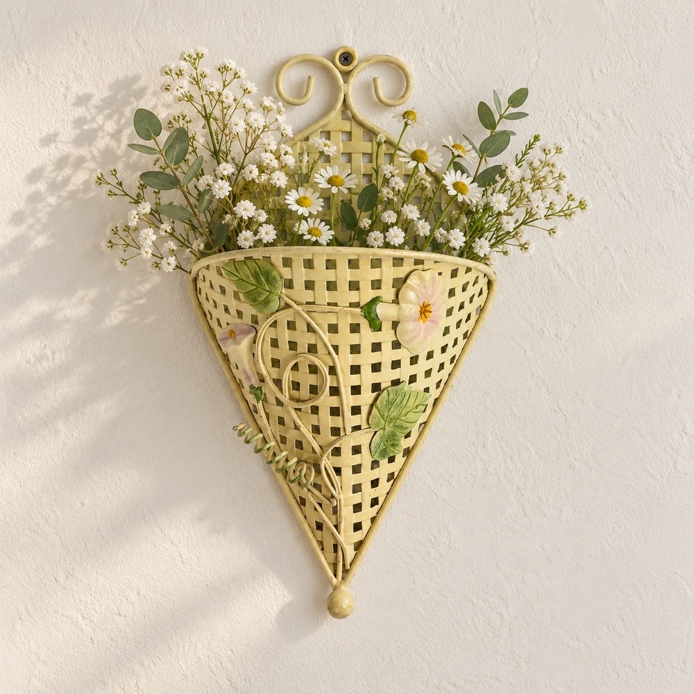 Vintage Metal Lattice Wall Pocket Cream Floral Morning Glory Hanging Planter